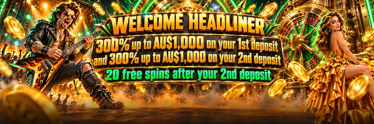 Welcome offer banner featuring a rebellious guitarist performing beside glowing casino panels and oversized coins.